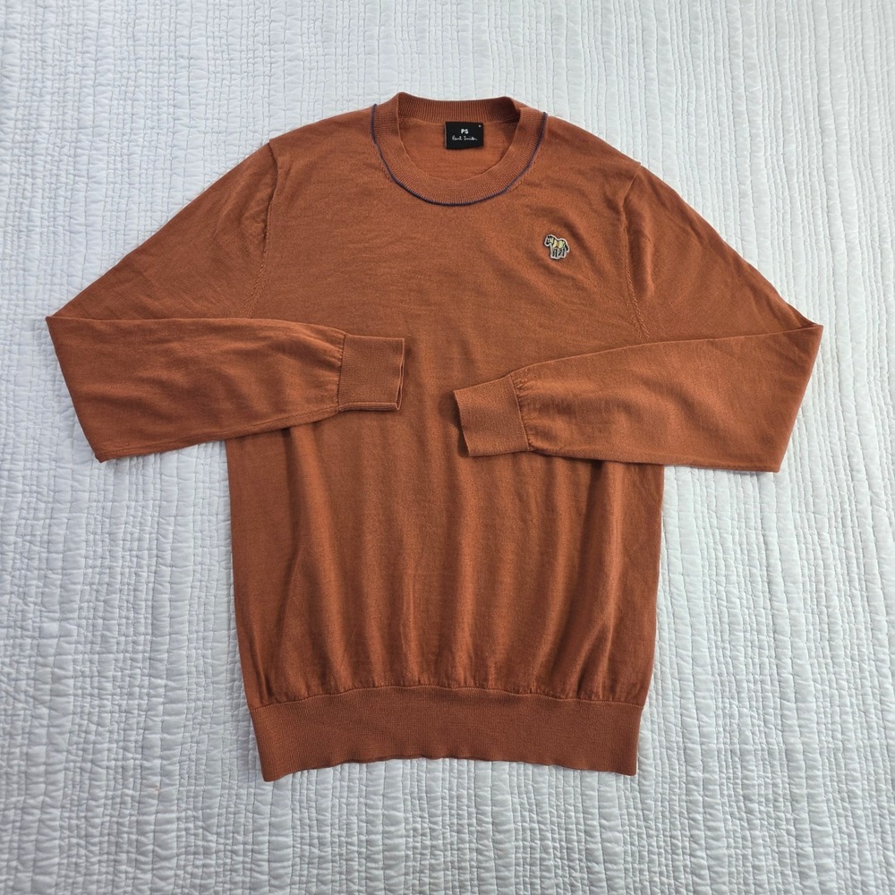 PS Paul Smith Mens Merino Wool Zebra Logo Crewneck Sweater Rust Orange Size M